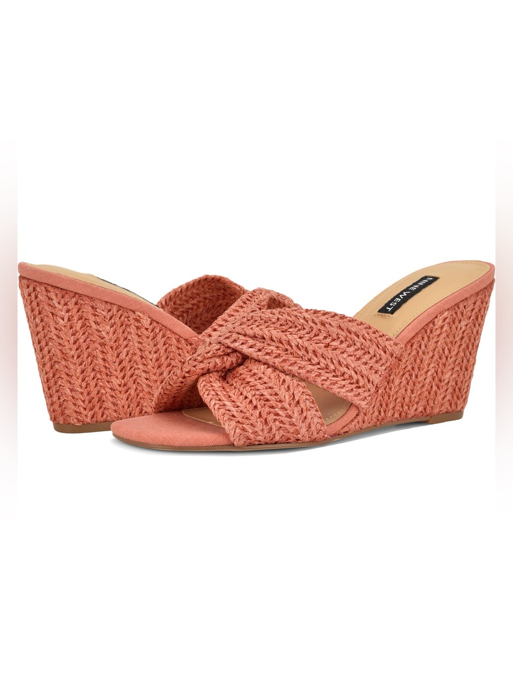 NEW In Box Nine West Nejia Woven Orange Coral Wedge Slide Sandals 5 NY Knicks